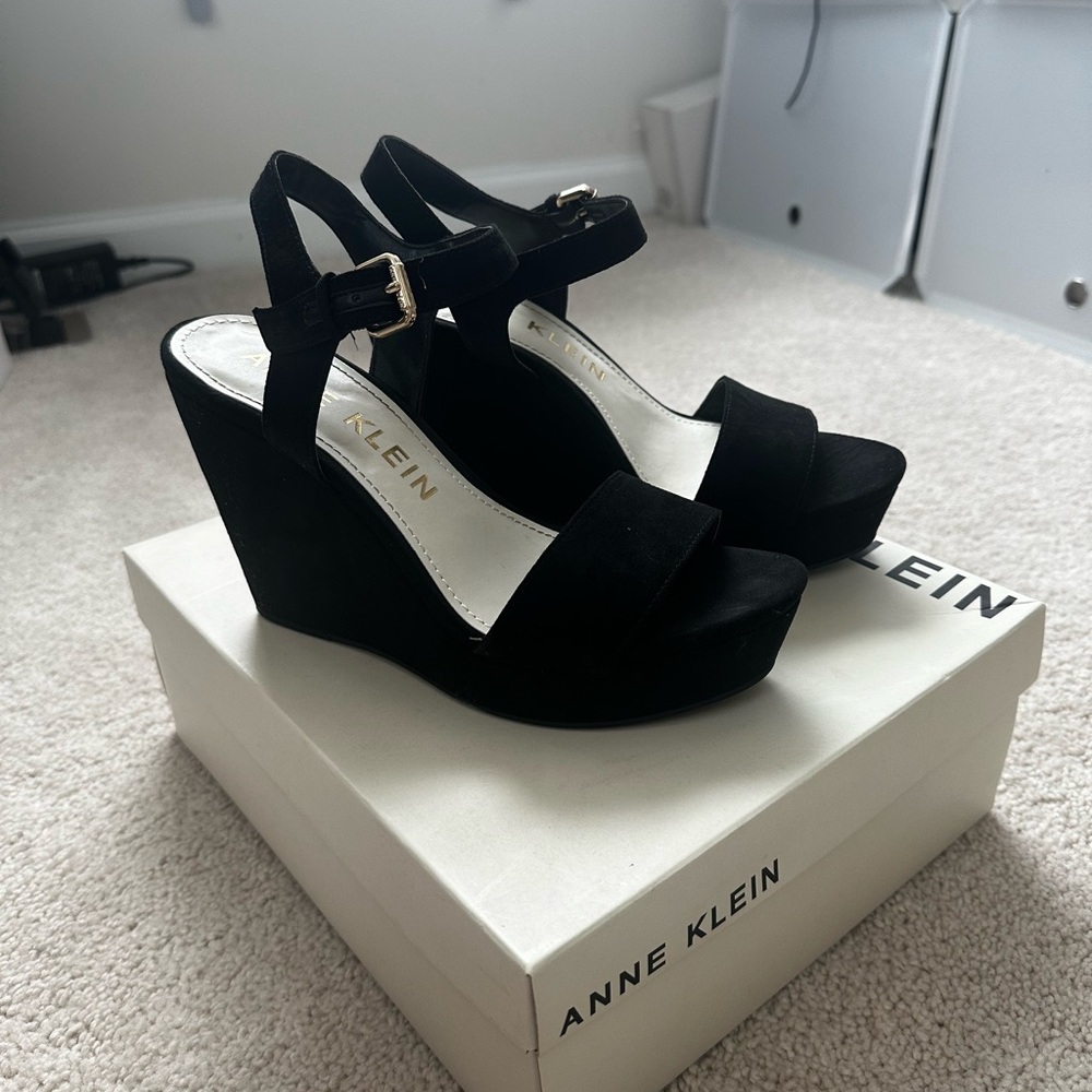 Anne Klein Strappy Black Suede Wedge Sandal